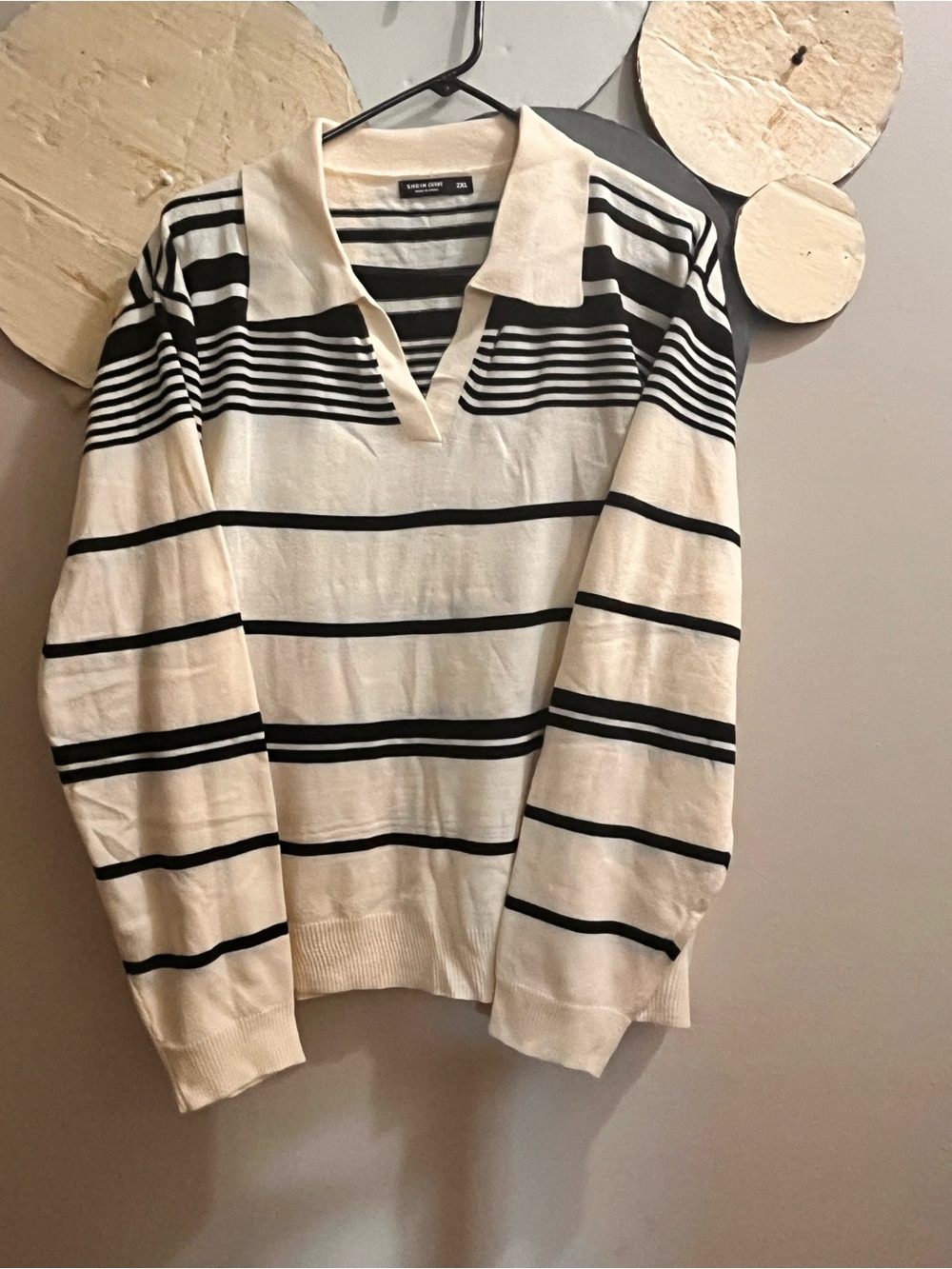 SHEIN new Cream and Black Striped Collared Sweater